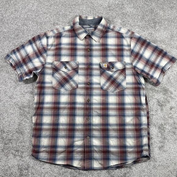 Carhartt Button Up Shirt Mens Large Relaxed Fit Plaid Short Sleeve Outdoors - Picture 2 of 9